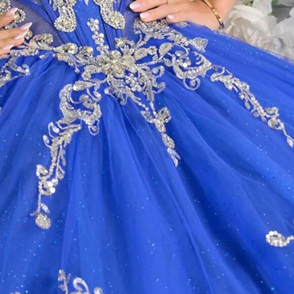 New Royal Blue & Silver Off Shoulder Quinceanera Gown w/ Lace Up Back GL3813 - Picture 7 of 15